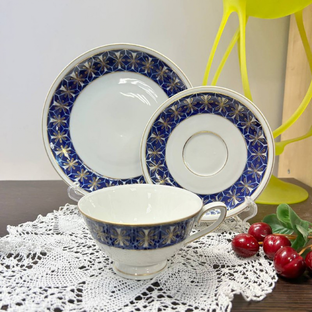 Чайное трио. Немецкий фарфор Lettin 1956-69гг. Натурал кобальт, позолота.. Картинка 1